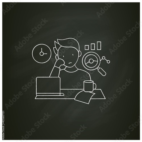 Procrastination statistics chalk icon.Unhappy statistic.Tired person at workplace. Dont want working.Overload concept.Isolated vector illustration on chalkboard