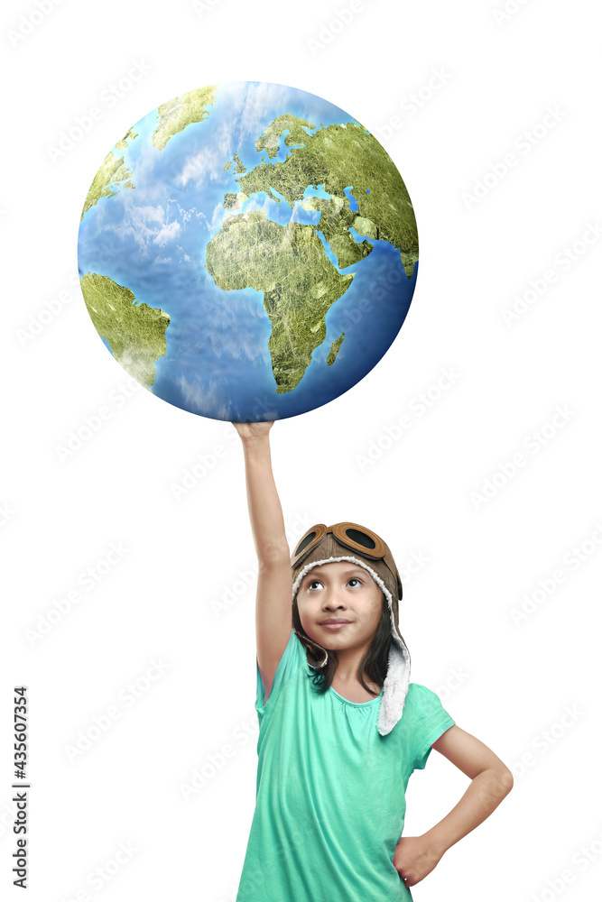 Asian cute girl in an aviator cap holding earth Asian cute girl in an aviator cap holding earth