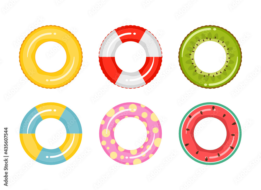 Set of rubber inflatable swimming rings. Toy for water and beach or trip safety. Life saving floating lifebuoy for beach or ship. Vector illustration. Set of rubber inflatable swimming rings. Toy for water and beach or trip safety. Life saving floating lifebuoy for beach or ship. Vector illustration.