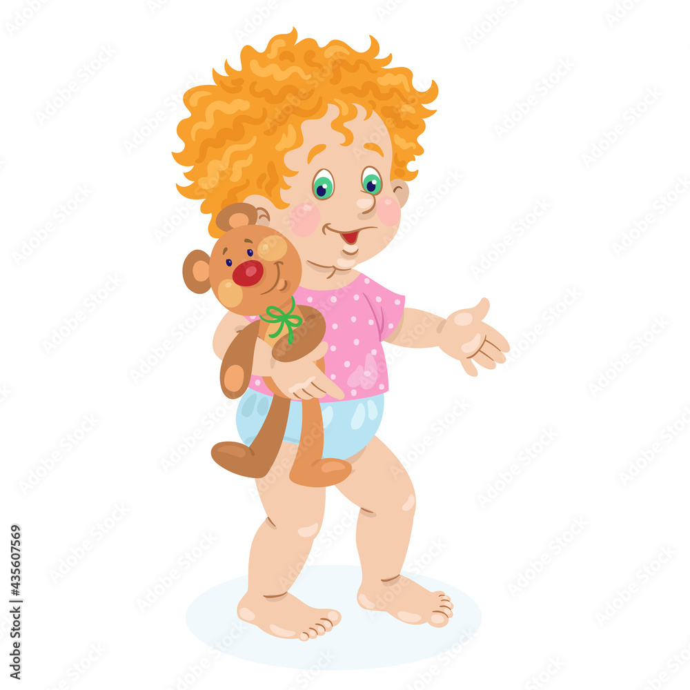 Obraz premium Cute little red-haired baby girl walks with a teddy bear in her hand. In cartoon style. Isolated on white background. Vector illustration