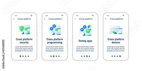 Cross platform onboarding mobile app screens.Security, programming, testing application, devices. Programming environment steps menu. Set of UI, UX, web template with RGB color linear icons