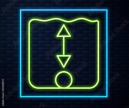 Glowing neon line Depth measurement icon isolated on brick wall background. Water depth. Vector