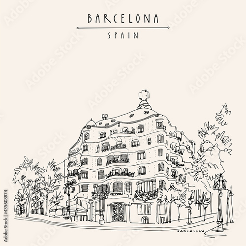 Vector Barcelona, Catalonia, Spain postcard. Beautiful street corner. Travel sketch. Hand drawn vintage touristic poster, book illustration