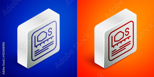 Isometric line Area measurement icon isolated on blue and orange background. Silver square button. Vector