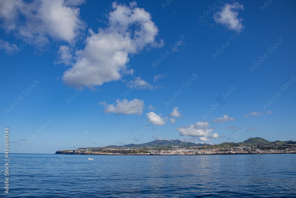 Sao Miguel island seen from ocean, Azores travel destination.