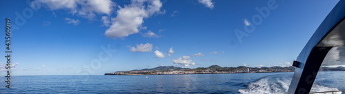 Sao Miguel island seen from ocean, Azores travel destination, panorama.