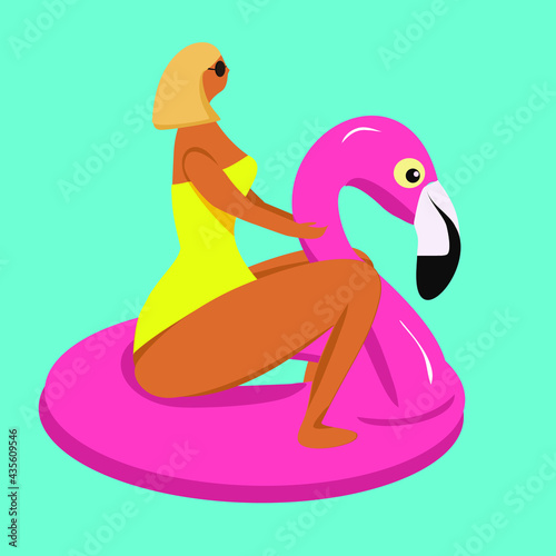 Bright trendy vector illustration. A slender body positive blonde in a yellow swimsuit with a square floats on an inflatable pink flamingo in the pool
