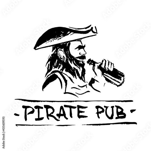 Pub logo. The pirate drinks rum from a bottle.