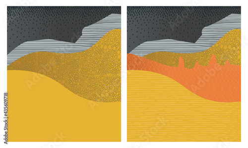 Abstract background, Japanese landscape mountains, hills with lines of coniferous, deciduous trees, ornament. Vector illustration for design.