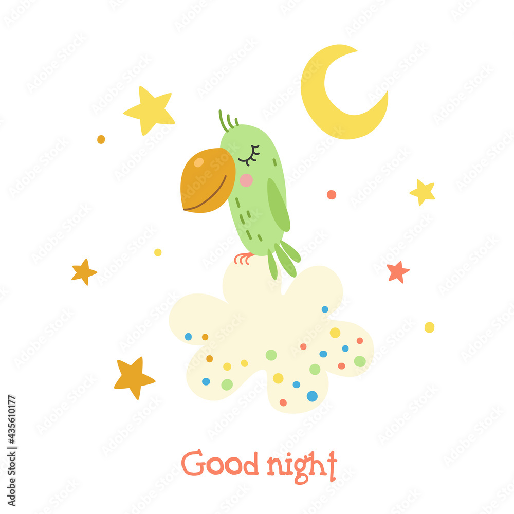 A cute parrot slumbers on a cloud. Childish illustration. Good night. A cute parrot slumbers on a cloud. Childish illustration. Good night.