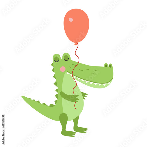 A cute crocodile holds a balloon in his paw. Cartoon illustration.