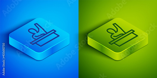 Isometric line Active male kid raising hand answering to teacher question icon isolated on blue and green background. An elementary student raises his hand. Square button. Vector