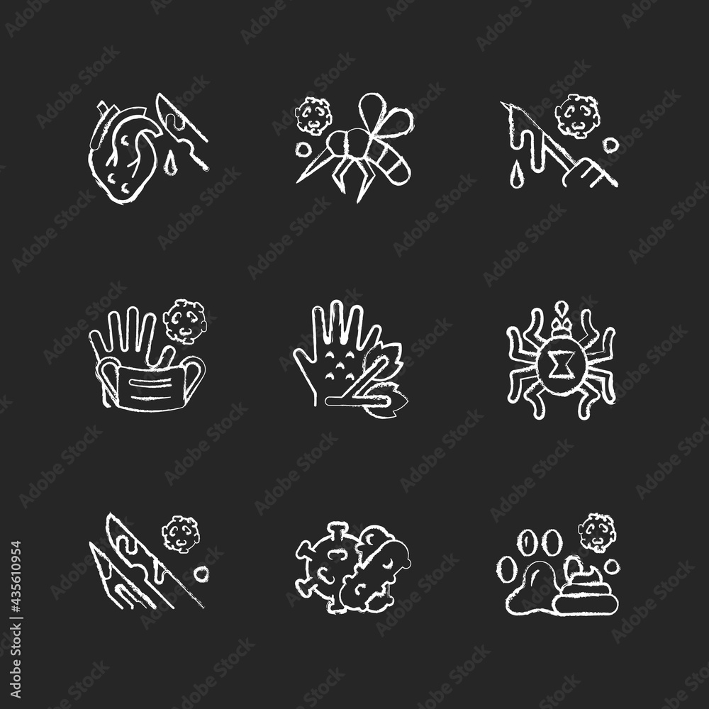 Biohazardous waste chalk white icons set on black background. Spreading viruses biological risk. Toxic medical equipment waste. Animal borne illness. Isolated vector chalkboard illustrations