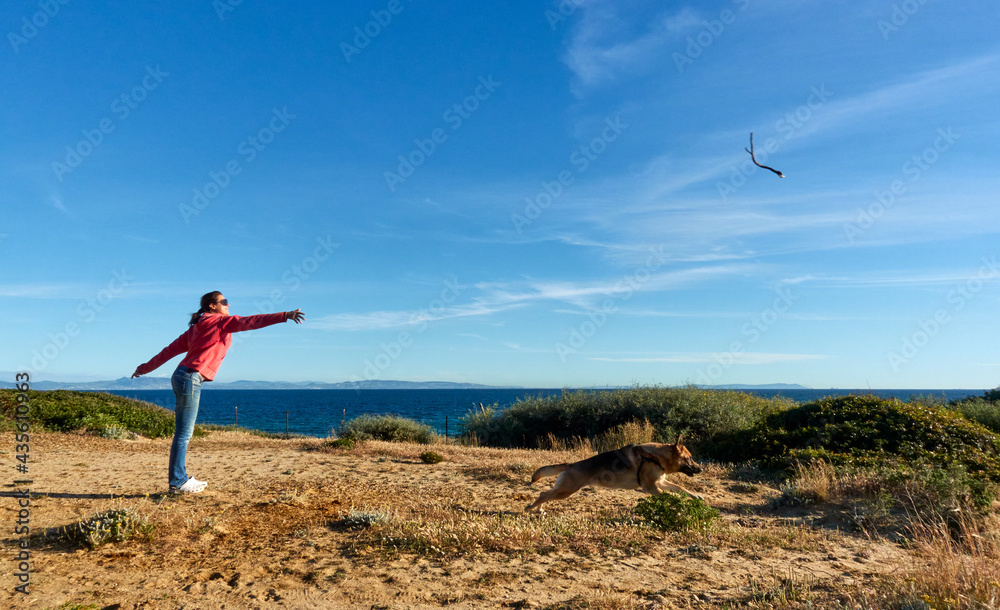 Healthy fit young woman exercising her German Shepherd dog across coastal sand dunes with ocean backdrop Healthy fit young woman exercising her German Shepherd dog across coastal sand dunes with ocean backdrop