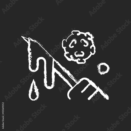 Blood chalk white icon on black background. Hospital waste transmitting infectious material. Biological risk for people health. Biomedical trash. Isolated vector chalkboard illustration