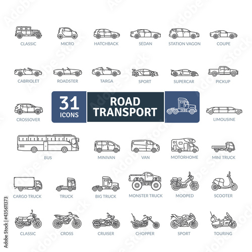 Road Vehicles Icons Pack. Thin line icons set. Flat icon collection set. Simple vector icons