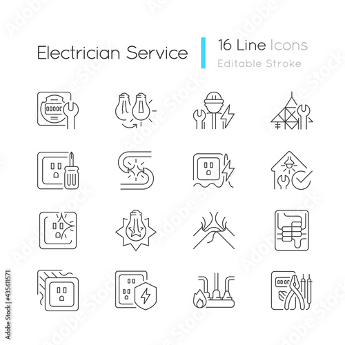 Electrician service linear icons set. Changing lightbulb. Operating with electric devices, equipment. Customizable thin line contour symbols. Isolated vector outline illustrations. Editable stroke