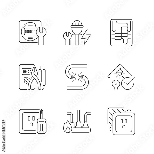 Electrician service linear icons set. Electrical meter repair. Circuit breaker panel. Screwdrivers. Customizable thin line contour symbols. Isolated vector outline illustrations. Editable stroke