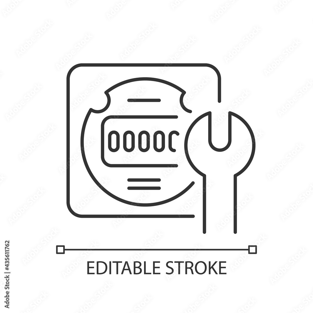 Electrical meter repair linear icon. Clock-like device installation. Energy meter maintenance. Thin line customizable illustration. Contour symbol. Vector isolated outline drawing. Editable stroke Electrical meter repair linear icon. Clock-like device installation. Energy meter maintenance. Thin line customizable illustration. Contour symbol. Vector isolated outline drawing. Editable stroke