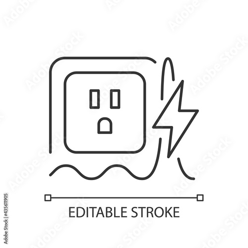 Power surge linear icon. Brief overvoltage spikes. Unexpected electricity flow interruption. Thin line customizable illustration. Contour symbol. Vector isolated outline drawing. Editable stroke
