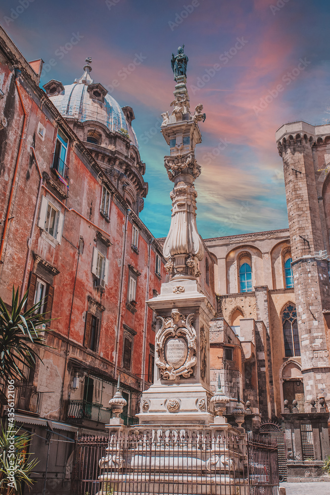Naples, Italy. Magnificent town in the south of Italy. Street view of old town in Naples city. San Gennaro obelisk in Piazza Cardinale Sisto Riario Sforza. 