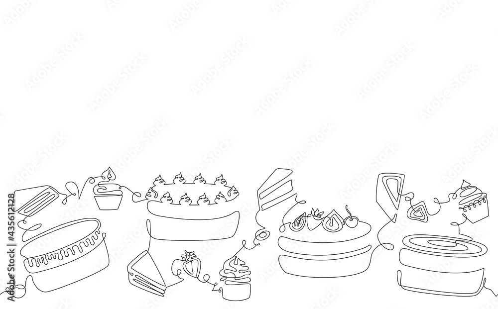 Horizontal Seamless Border Pattern with Cakes, Cupcakes and Pie Slices. Background with Bakery ...