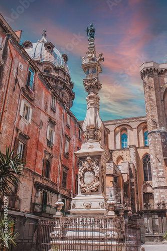 Naples, Italy. Magnificent town in the south of Italy. Street view of old town in Naples city. San Gennaro obelisk in Piazza Cardinale Sisto Riario Sforza. 