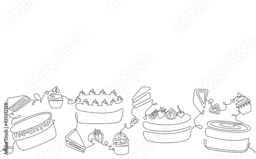 Horizontal Seamless Border Pattern with Cakes, Cupcakes and Pie Slices. Background with Bakery Sweets. One line style. Vector illustration. Can be also yused like Banner, Flyer, Cover, Poster, Texture photo