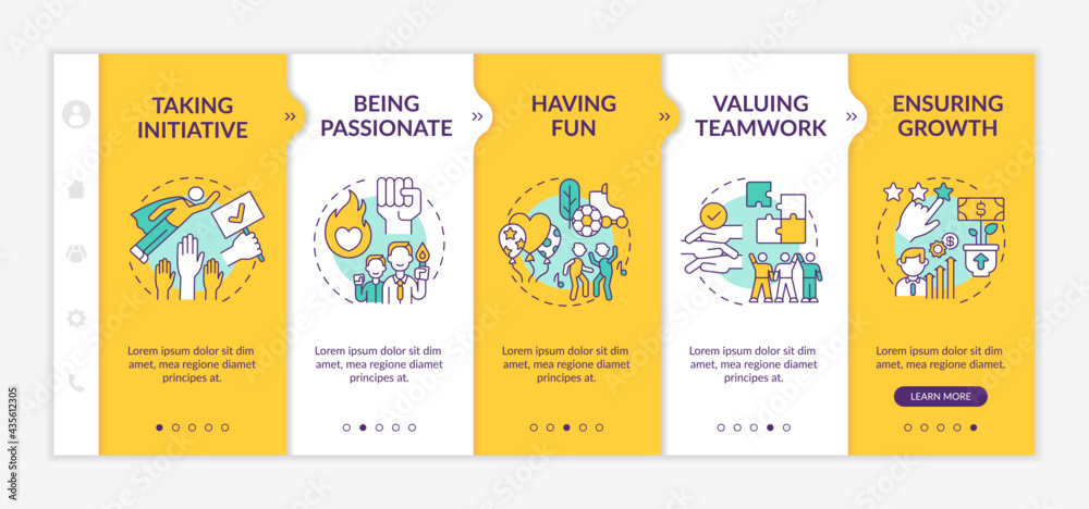 Basic organizational core values onboarding vector template. Responsive mobile website with icons. Web page walkthrough 5 step screens. Having fun, passion color concept with linear illustrations