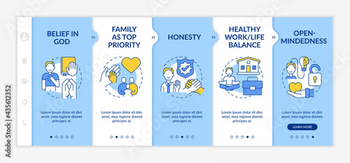 Personal morals onboarding vector template. Responsive mobile website with icons. Web page walkthrough 5 step screens. Healthy work-life balance, belief in god color concept with linear illustrations