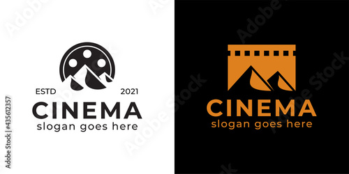 Logo Design of Movie Video Cinema Cinematography, Film Production Vector with Mountain symbol In Isolated