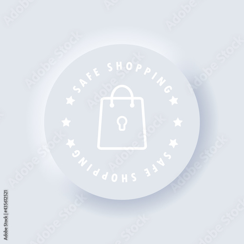 Secure online shopping. Online safe shopping icon. 100 Secure. Vector. Teaser or splash screen illustration for safe the add to cart. Payment transaction in e-commerce web site. Neumorphism.