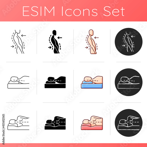Poor posture problems icons set. Swayback posture. Correct sleeping position for reducing neck. Postural deformity. Side-lying pose. Linear, black and RGB color styles. Isolated vector illustrations