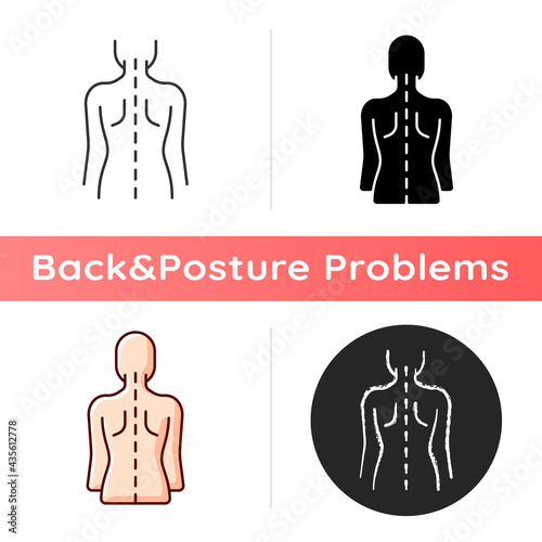 Good posture icon. Normal spine. Normal spinal anatomy. Holding body and limbs right. Sustaining correct posture. Normal motion. Linear black and RGB color styles. Isolated vector illustrations