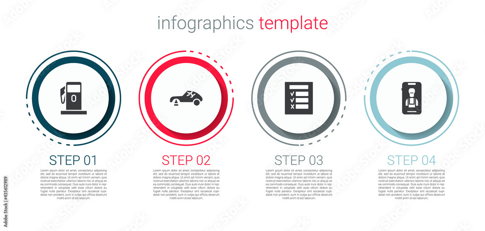 Set Petrol or Gas station, Broken car, Car inspection and Online services. Business infographic template. Vector
