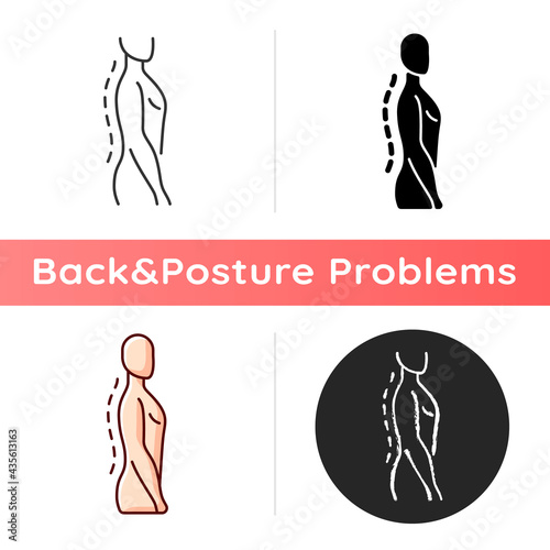 Standing posture correction icon. Improving upright position. Natural curvature. Shoulders parallel with hips. Strengthening core. Linear black and RGB color styles. Isolated vector illustrations