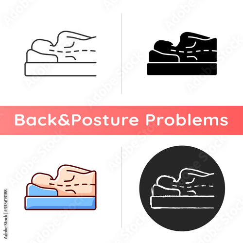 Incorrect sleeping position icon. Unnatural, unnecessary curves in spine. Decreased blood circulation to heart. Stress on spine. Linear black and RGB color styles. Isolated vector illustrations