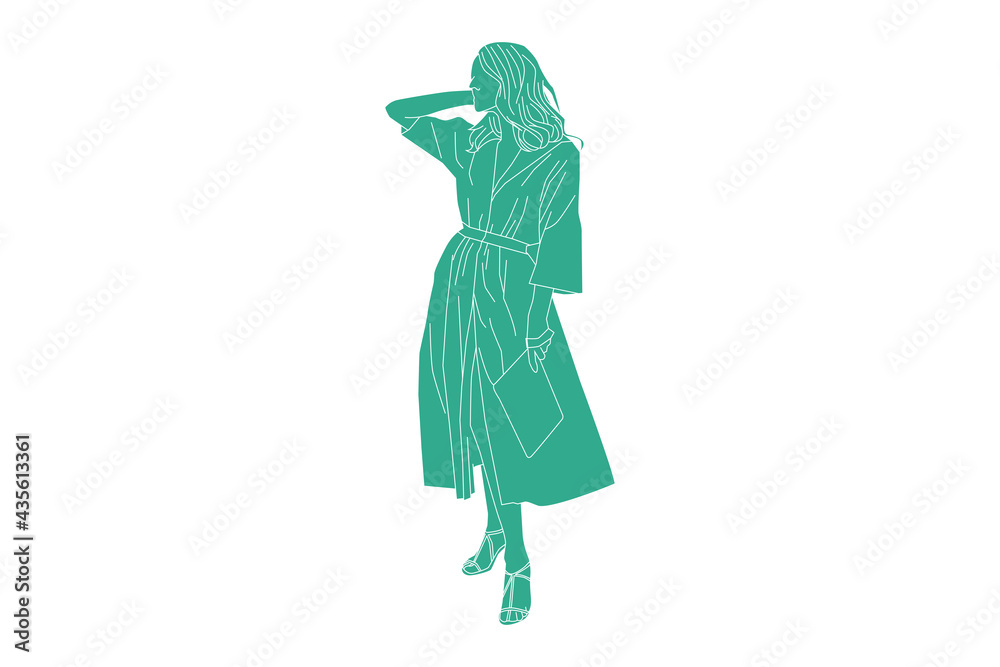 Vector illustration of elegant woman posing on the sideroad, Flat style with outline