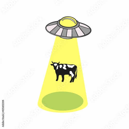 Vector illustration of a flying saucer kidnaps a cow. UFO, aliens, unidentified flying object isolated on white background.