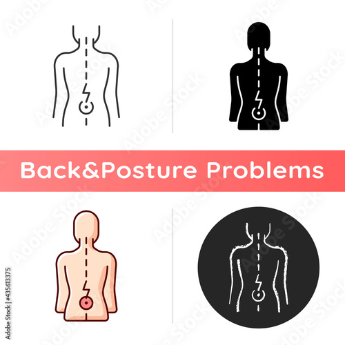 Lower back pain icon. Aging-related wear. Physical disability. Ruptured, bulging disc. Injury to connective tissue. Muscle weakness. Linear black and RGB color styles. Isolated vector illustrations