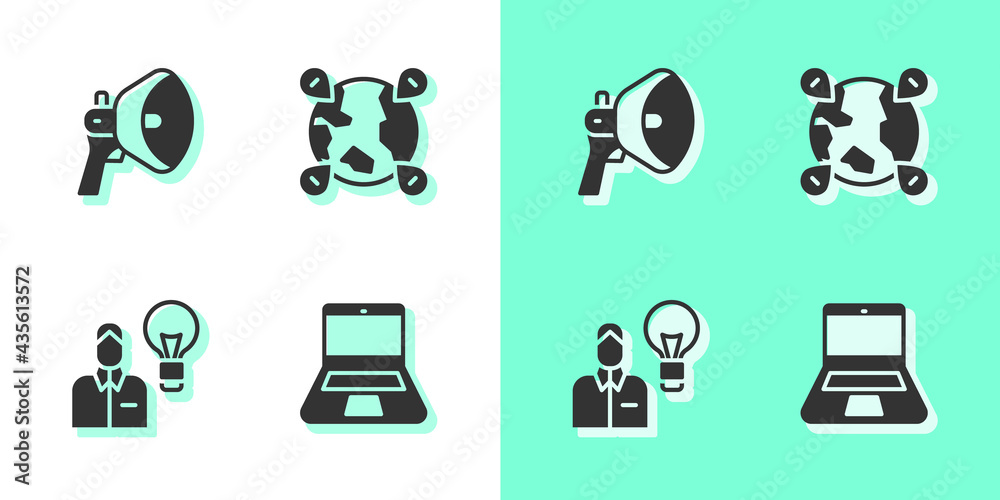 Set Laptop, Megaphone, Human with lamp bulb and Location the globe icon. Vector Set Laptop, Megaphone, Human with lamp bulb and Location the globe icon. Vector