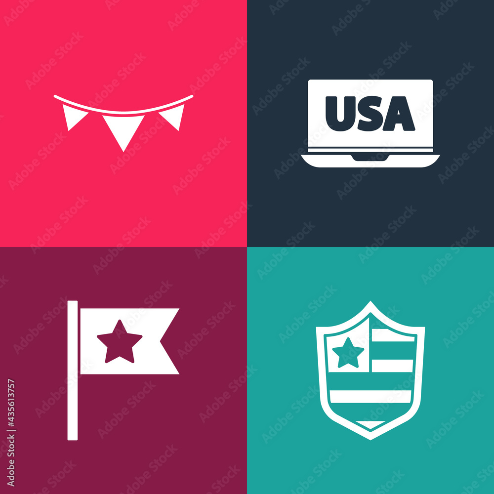 Set pop art Shield with stars, American flag, USA on laptop and Carnival garland flags icon. Vector