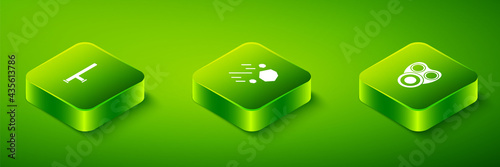 Set Isometric Flying stone, Gas mask and Police rubber baton icon. Vector