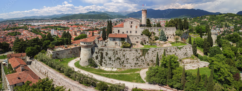 Beautiful panoramic view from a drone to the medieval castle of Brescia city. Lombardy, Italy