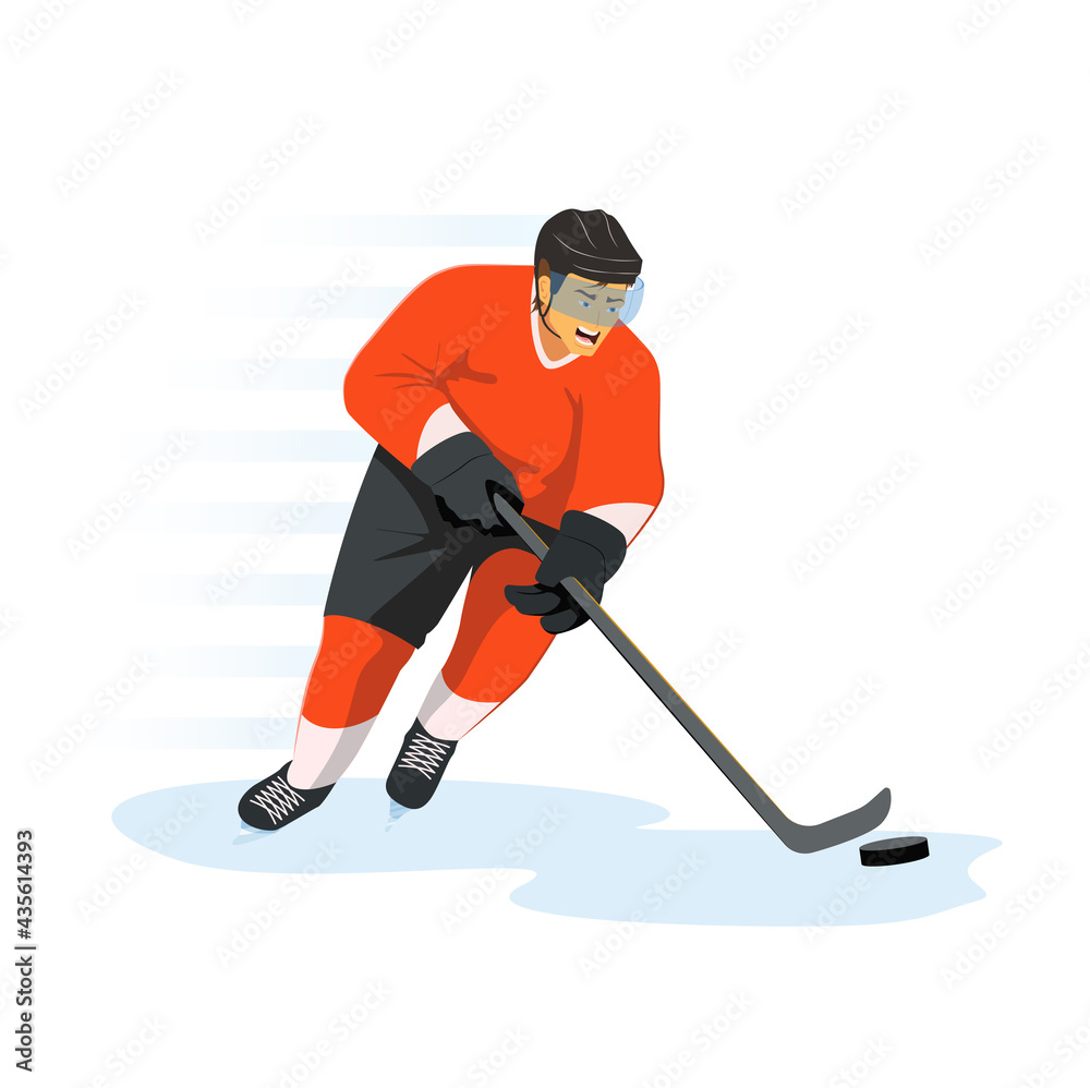Fototapeta premium Ice hockey player in protective sportswear and helmet with a hockey stick and puck rides on skates with a battle cry. Vector flat design illustration. Character design on transparent background