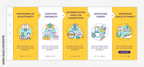 Personal branding tasks onboarding vector template. Responsive mobile website with icons. Web page walkthrough 5 step screens. Blogger career color concept with linear illustrations