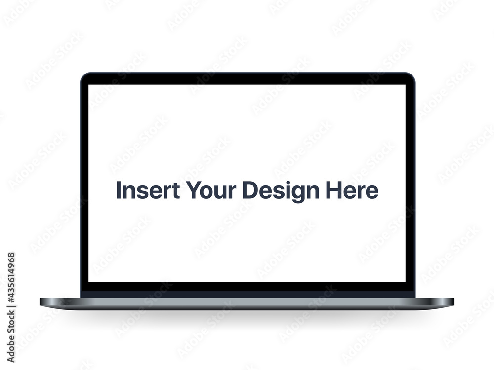 Realistic notebook with a blank screen. Isolated, on white background, with reflection. The display is opened 90 degrees. Front view. Modern mobile device.
