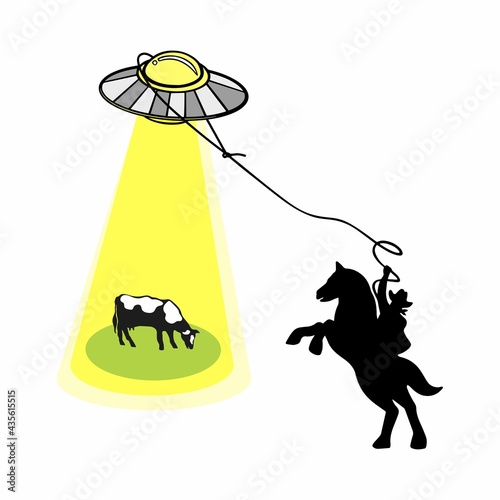 Vector illustration of a cowboy catching a flying saucer in his lasso. UFO kidnaps a cow. Concept aliens flew to the ranch. Isolated on white background. 