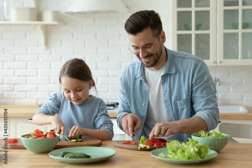 Happy young Caucasian father and little 7s daughter cook healthy delicious vegetarian salad at home together. Loving dad and small girl child prepare tasty diet food in kitchen. Parenthood concept. Happy young Caucasian father and little 7s daughter cook healthy delicious vegetarian salad at home together. Loving dad and small girl child prepare tasty diet food in kitchen. Parenthood concept.