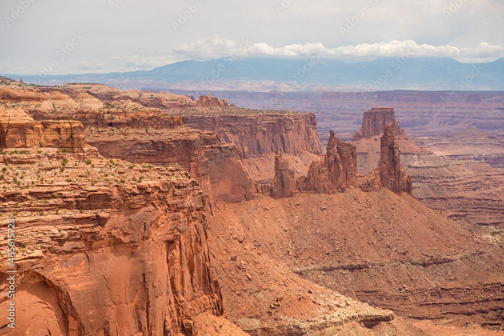 Colorful views of mesas and hoodoos at the canyons ridge in Canyonlands National Park Utah.